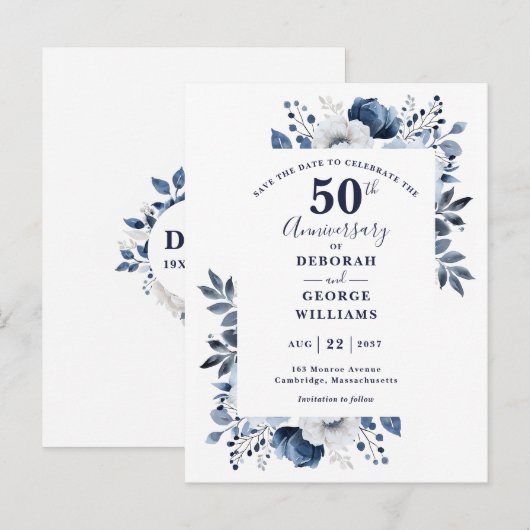 Blue Floral 50th Wedding Jubileum Bewaar de datum Briefkaart (Voorkant / Achterkant)