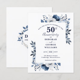 Blue Floral 50th Wedding Jubileum Bewaar de datum Briefkaart