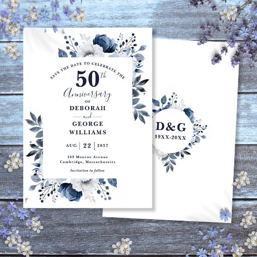 Blue Floral 50th Wedding Jubileum Bewaar de datum Save The Date