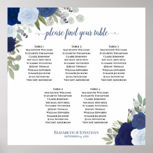 Blue Floral 5 Table Elegant Wedding Seding Chart Poster