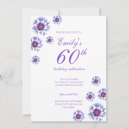 Blue Floral 60th Birthday Party Invitation Kaart (Voorkant)