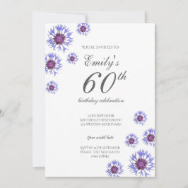 Blue Floral 60th Birthday Party Invitation Kaart