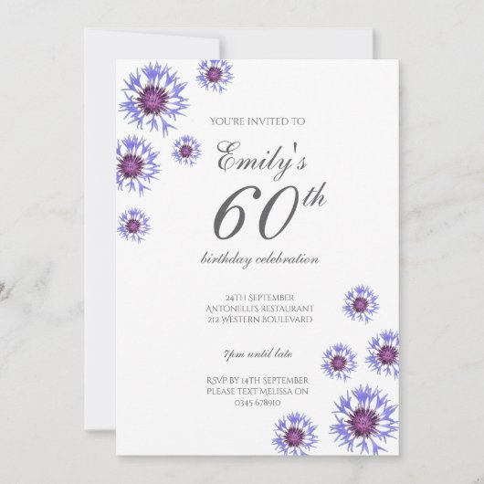 Blue Floral 60th Birthday Party Invitation Kaart (Voorkant)