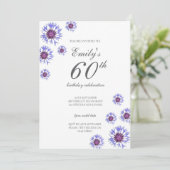 Blue Floral 60th Birthday Party Invitation Kaart (Staand voorkant)