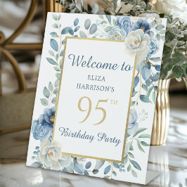 Blue Floral 95th Birthday Party Welkom Reclamebord Met Voetstuk