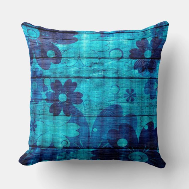 Blue Floral Abstract hout Kussen (Voorkant)