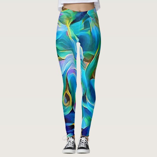 Blue Floral Abstracte kunst Leggings (Voorkant)