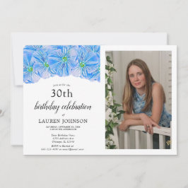 Blue Floral Adult Birthday Photo Invitation Aankondiging