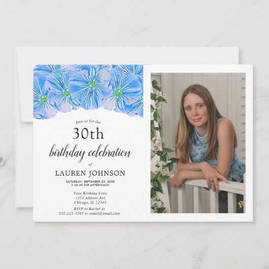 Blue Floral Adult Birthday Photo Invitation Aankondiging (Voorkant)