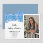 Blue Floral Adult Birthday Photo Invitation Aankondiging (Voorkant / Achterkant)