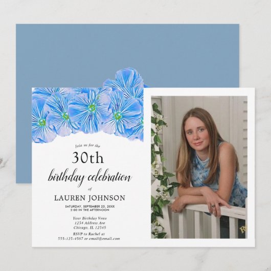 Blue Floral Adult Birthday Photo Invitation Aankondiging (Voorkant / Achterkant)