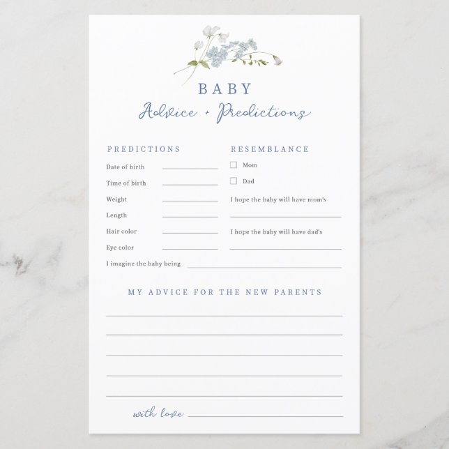 Blue Floral Advies Voorspellingen Baby shower Spel (Voorkant)