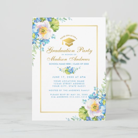 Blue Floral Afstudeerder Party Gold Invite - Foto  Kaart (Staand voorkant)