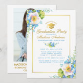 Blue Floral Afstudeerder Party Gold Invite - Foto  Kaart (Voorkant / Achterkant)