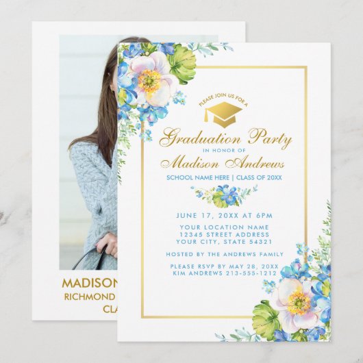 Blue Floral Afstudeerder Party Gold Invite - Foto  Kaart (Voorkant / Achterkant)