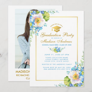 Blue Floral Afstudeerder Party Gold Invite - Foto  Kaart