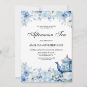 Blue Floral Afternoon Tea Verjaardagsfeest Kaart (Voorkant)