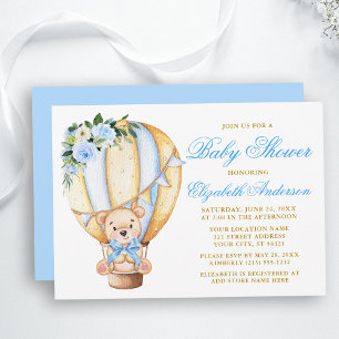 Blue Floral Air Balloon Teddy Bear Baby shower Kaart