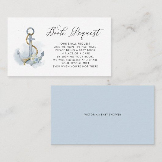 Blue Floral Anchor Nautical Baby Book Request Kaar Plaatskaartje (Voorkant / Achterkant)