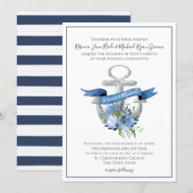 Blue Floral Anchor Nautical Waterverf Wedding Inv