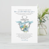 Blue Floral Anchor Nautical Waterverf Wedding Inv Kaart (Staand voorkant)