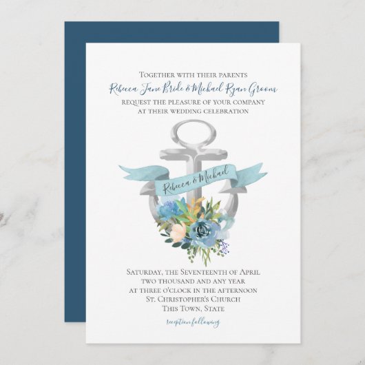Blue Floral Anchor Nautical Waterverf Wedding Inv Kaart (Voorkant / Achterkant)