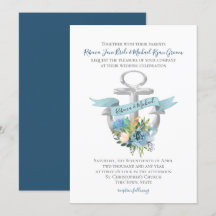 Blue Floral Anchor Nautical Waterverf Wedding Inv