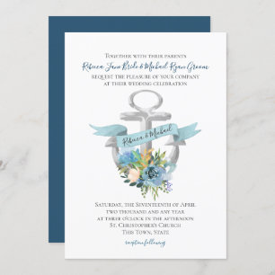 Blue Floral Anchor Nautical Waterverf Wedding Inv Kaart