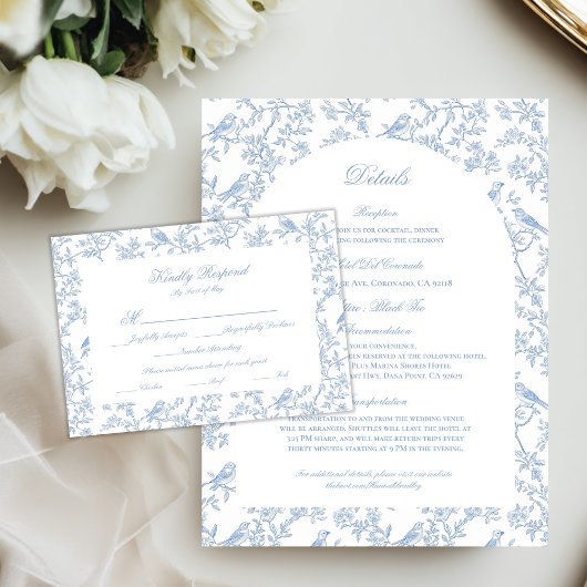 Blue Floral and Bird Toile Details Enclosure Cards Informatiekaartje