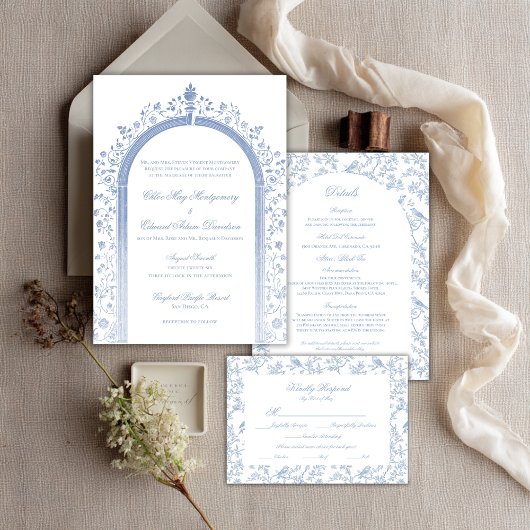 Blue Floral and Bird Toile Details Enclosure Cards Informatiekaartje