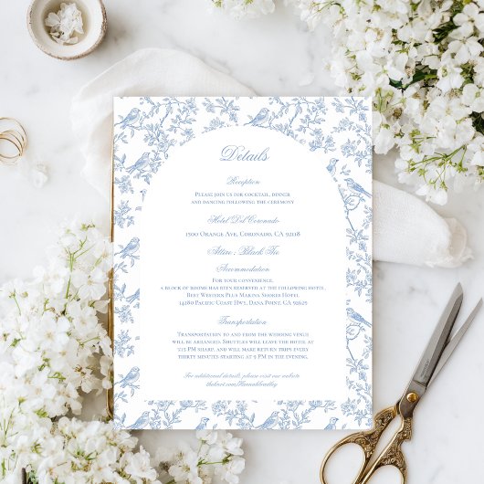 Blue Floral and Bird Toile Details Enclosure Cards Informatiekaartje