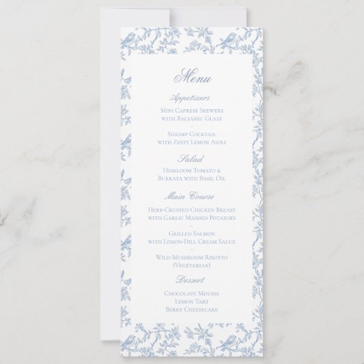 Blue Floral and Bird Toile Wedding Menu Card (Voorkant)