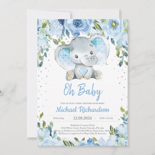 Blue Floral and Cute Elephant Boy Baby shower Boho Kaart (Voorkant)
