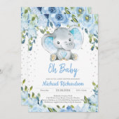 Blue Floral and Cute Elephant Boy Baby shower Boho Kaart (Voorkant / Achterkant)