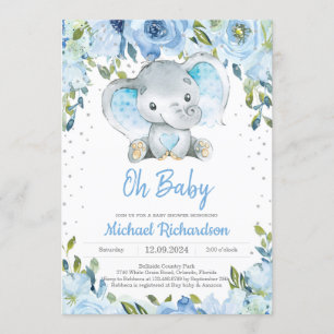 Blue Floral and Cute Elephant Boy Baby shower Boho Kaart