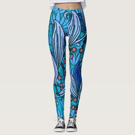 Blue Floral Antiek Boho Modern Leggings (Voorkant)