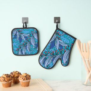 Blue Floral Antiek Boho Modern Ovenwant & Pannenlap Set
