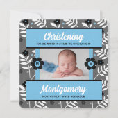 Blue Floral Baby Christening met foto Kaart (Voorkant)