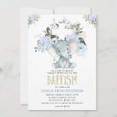 Blue Floral Baby Elephant Baptism Invitation Kaart (Voorkant)