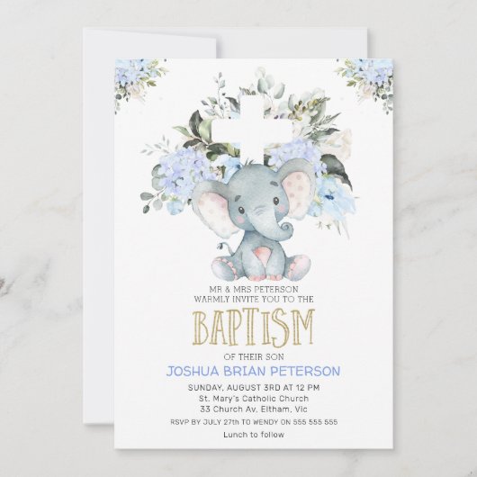 Blue Floral Baby Elephant Baptism Invitation Kaart (Voorkant)