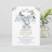 Blue Floral Baby Elephant Baptism Invitation Kaart (Staand voorkant)