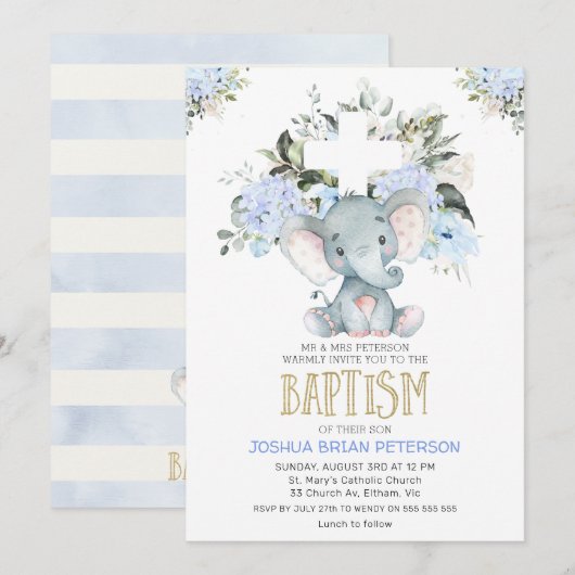 Blue Floral Baby Elephant Baptism Invitation Kaart (Voorkant / Achterkant)