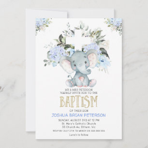 Blue Floral Baby Elephant Baptism Invitation Kaart