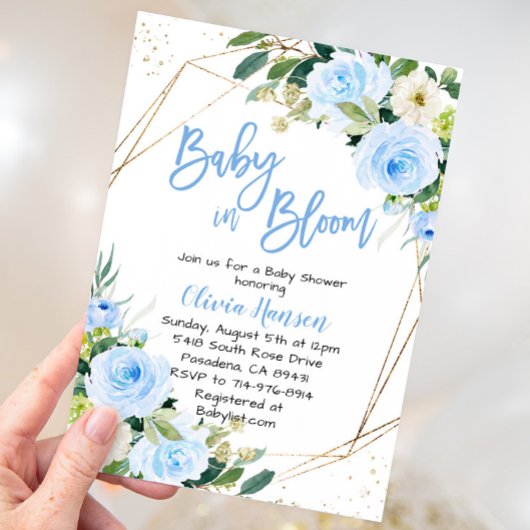 Blue Floral Baby in Bloom Baby shower Kaart