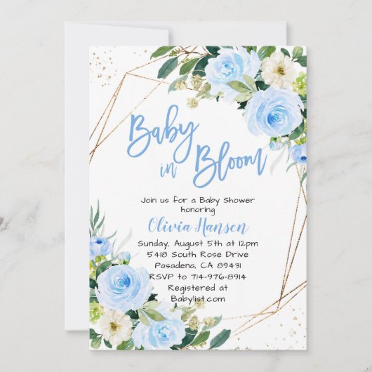 Blue Floral Baby in Bloom Baby shower Kaart (Voorkant)