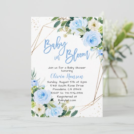 Blue Floral Baby in Bloom Baby shower Kaart (Staand voorkant)
