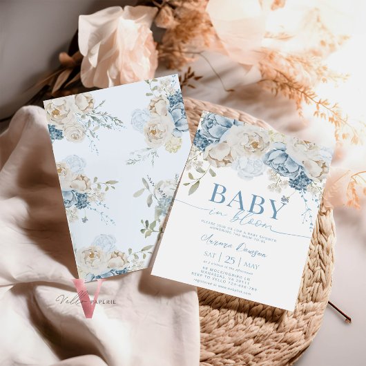 Blue Floral BABY IN BLOOM Baby shower Uitnodiging