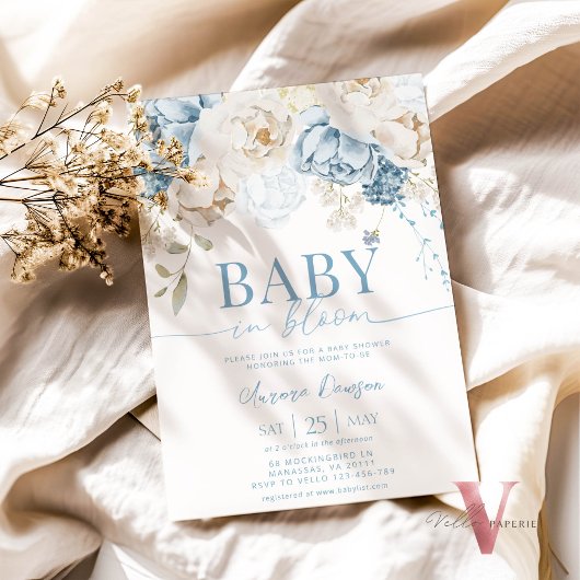 Blue Floral BABY IN BLOOM Baby shower Uitnodiging
