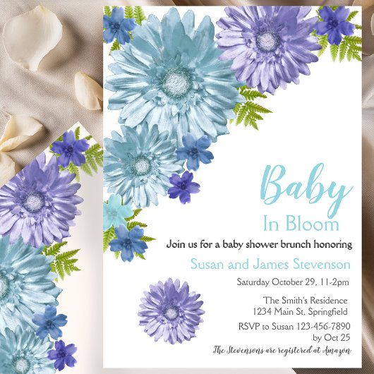 Blue Floral Baby in Bloom Brunch Shower Kaart