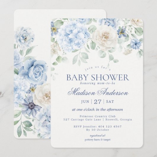 Blue Floral Baby in Bloom Hydrangea Baby shower Kaart (Voorkant / Achterkant)
